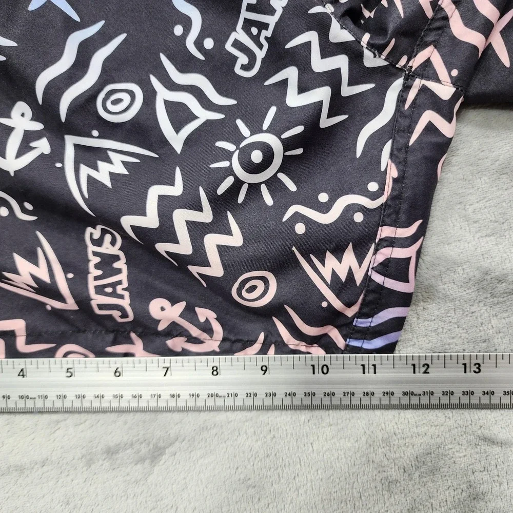 JAWS Swim Shorts Mens L Black Multicolor Print Lined Drawstring‎ Beach Summer